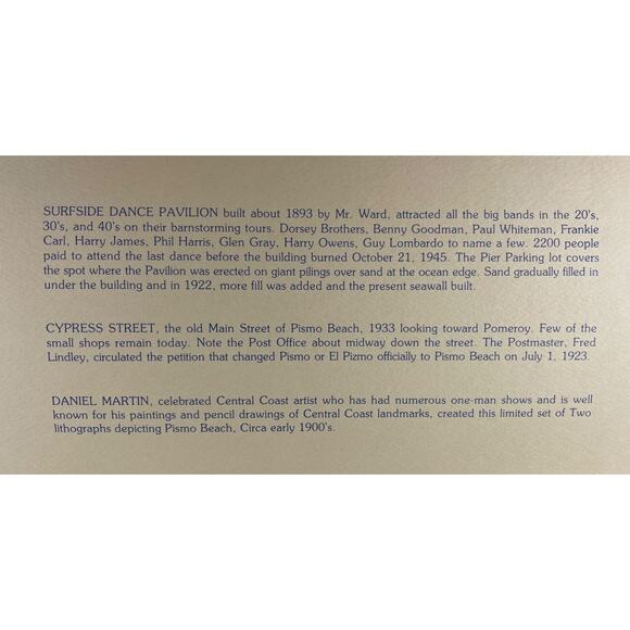 Early 1900s Pismo Beach Limited Edition Signed Lithographs Pavilion, Cypress St - Picture 5 of 7